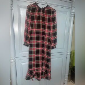 J. Crew Long sleeve midi dress with ruffle/smocked neck. Black tartan plaid